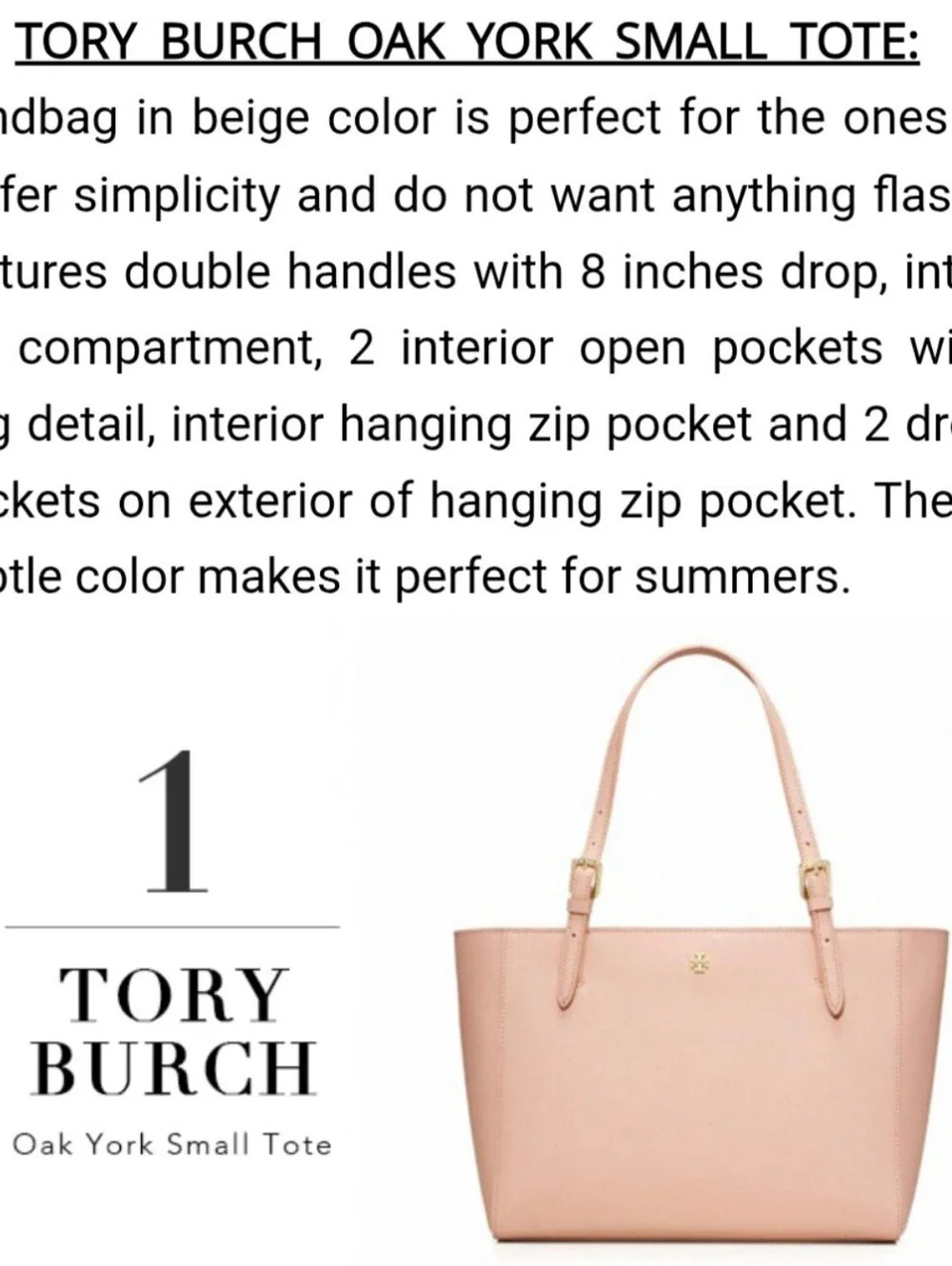TORY BURCH York Small Tote Bag Pastel Baby Pink Saffiano Leather Diaper Work